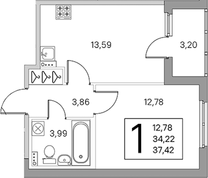 1-комнатная квартира 35.82 м², 1/4 эт., ЖК «Любоград в Стрельне»